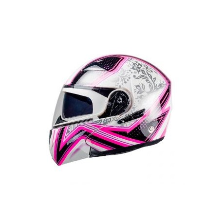Casco Para Moto Mujer Abatible Decal Cut Blanco-Rosa FS-901